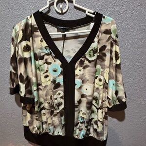 AGB Floral V-Neck Blouse in Cream, Black, and Blue